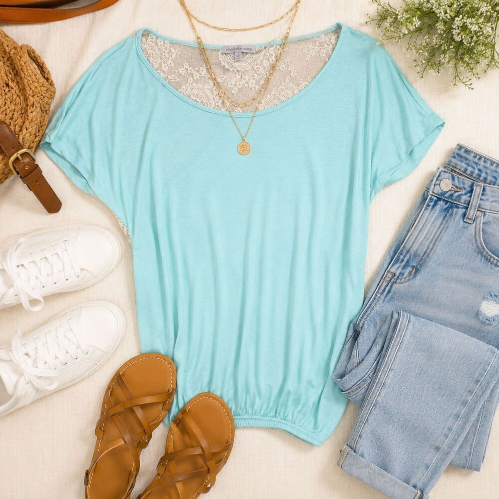 Charlotte Russe Mint Lace Back Blouson Top Aqua Dolman Sleeve Small